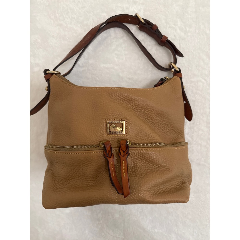 Dooney & Bourke Pebbled Leather Hobo Shoulder Bag Tan Gold Logo Front Zip Pocket
